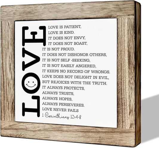 Loves Quote Wood Sign, Bible Verse Decor Art, Christian Home Decor for Living Room Bedroom, Couple Gift for Wedding Anniversary, Scripture Corinthians 13:4-8a Signs, Love is Patient Love is Kind Sign