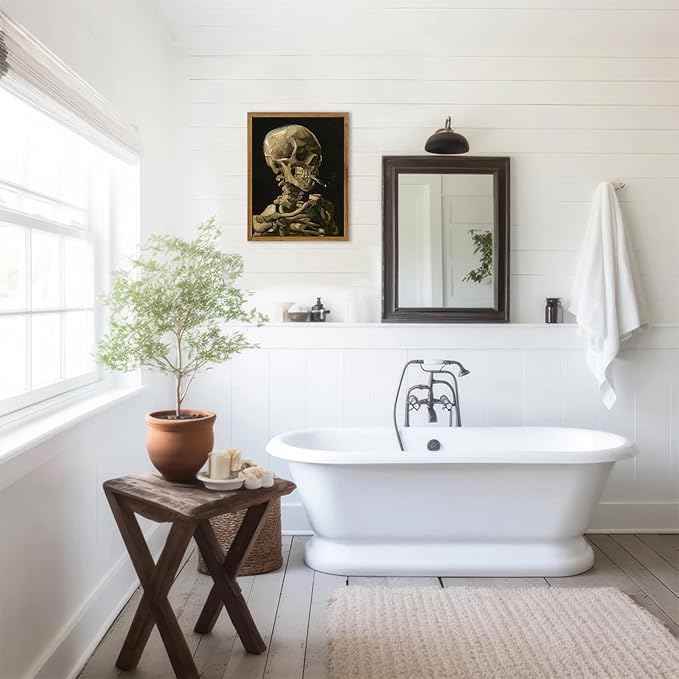 KBKBART Framed Canvas Wall Art Skull of a Skeleton with Burning Cigarette Van Gogh Art Print, Dark Academia Wall Decor Gothic Wall Art for Halloween, Living Room, Bedroom, Office, Bathroom, Gothic