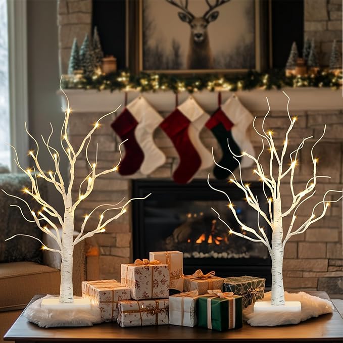 Vanthylit 2 Pcs Lighted Birch Tree Battery Powered Tabletop Tree Decorations for Home Fireplace Party Christmas Decorations (22 Inch)