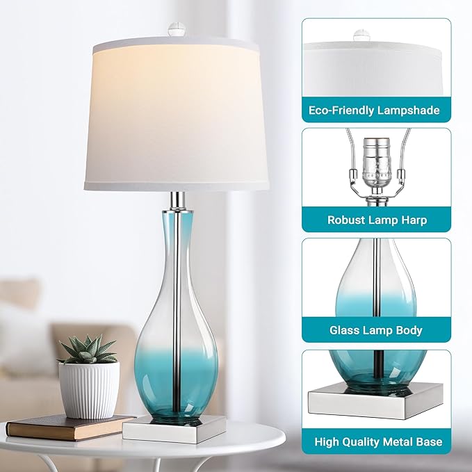 Table Lamps Set of 2 with Touch Control, 27" Bedside Desk Lamps for Nightstand Decorations, 3-Way Dimmable Modern Glass Table lamp with USB C and A Charging Ports, Blue (LED Bulbs Included)