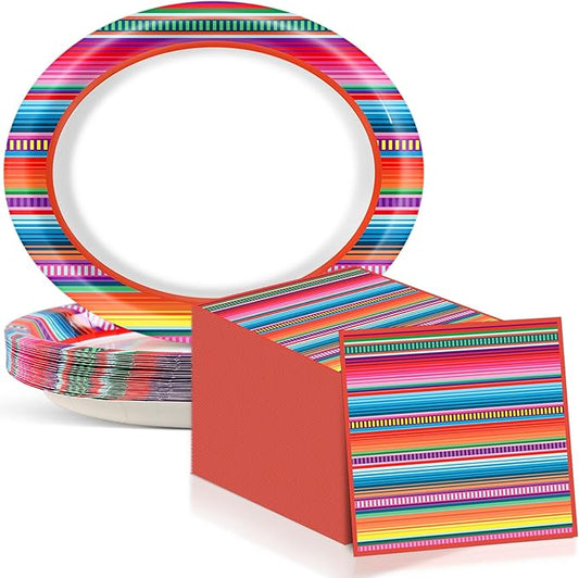 Mexican Fiesta Party Oval Paper Plates 11inch Plates and Napkins, Mexico Stripes Dish Tray for Dance Pinata Taco Party Colorful Ponchos Supplies Picnic Tableware Decor, 25 Guest