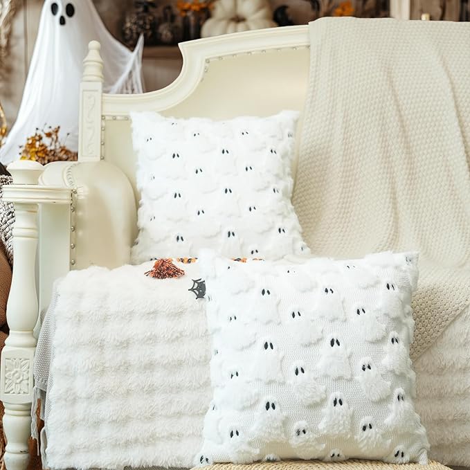 GEEORY Halloween Ghost Soft Plush Pillow Covers, 20 x 20 Inch Set of 2, Fluffy Faux Fur Wool Decorative Farmhouse Cushion Case for Sofa Home Decoration White GC026-20