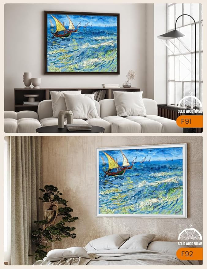 DECORARTS - Fishing Boats at Sea by Vincent Van Gogh, Large Giclee Canvas Print with Solid Wood Frame, Oversized Wall Art Decor