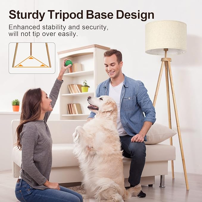 OUTON Tripod Floor Lamp, Floor Lamp with Remote Control, 4 Color Temperature, Modern Dimmable Tall Standing Lamp with Beige Linen Texture Shade for Living Room, Bedroom, Office (Nature Wood)