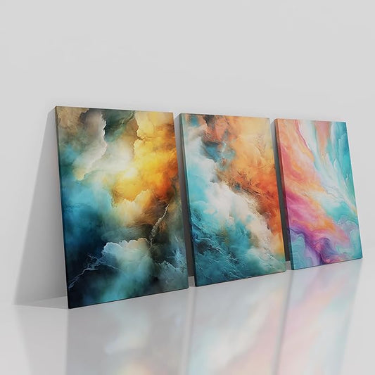 Colorful Canvas Wall Art Abstract Rendering Clouds 3 Pieces Modern Pictures Print Multicolor Poster Painting Wall Decor Artwork for Bedroom Kindergarten Office Stretched and Framed [48''W x 24''H]