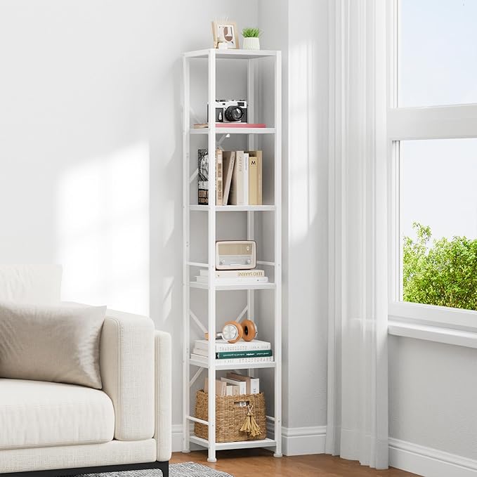 Furologee White Bookshelf 6 Tier Tall Narrow Bookcase, Modern Display Standing Shelf Unit, Metal and Wooden Storage Corner Shelves Organizer for Bedroom, Living Room, Office, Bathroom