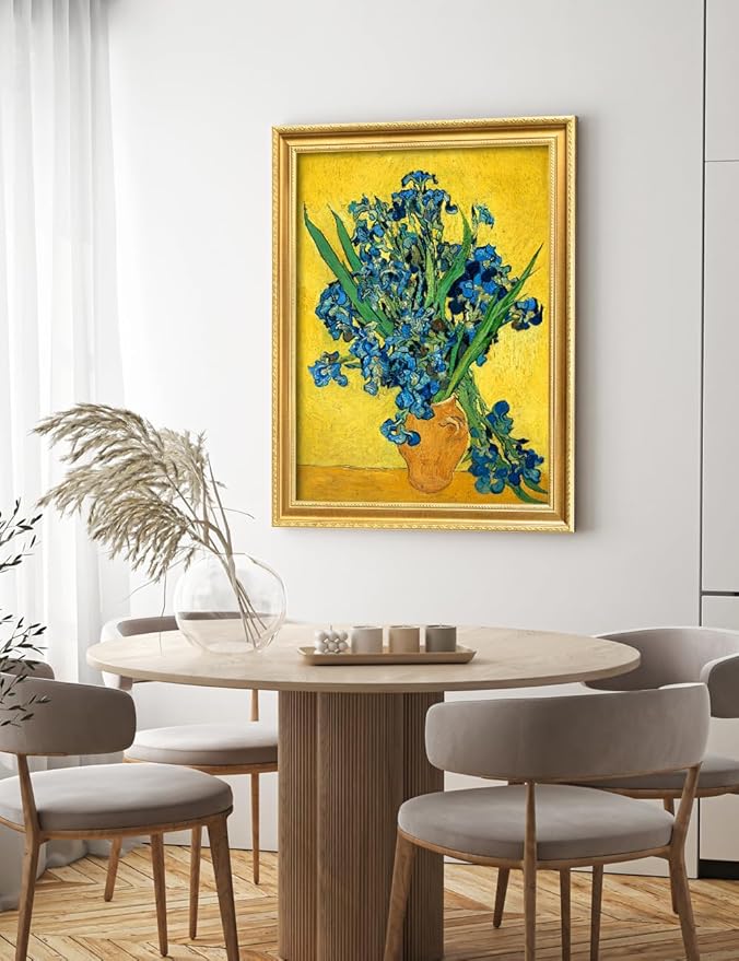 DECORARTS - Vincent van Gogh's Irises in a Vase, Museum-Quality Giclee Canvas Print in Gold Solid Wood Frame, 34.75 x 28.75 in, Ready to Hang, Made in USA