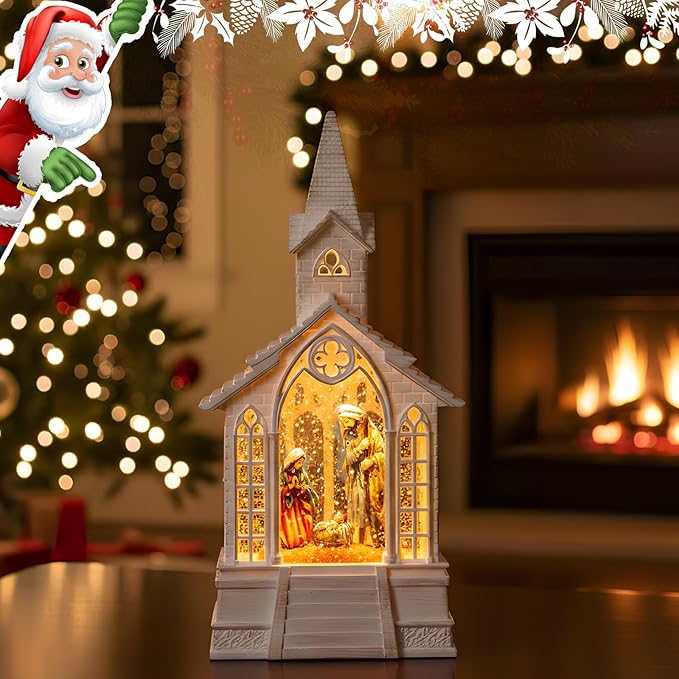 Christmas Snow Globes Church Nativity Water Lantern,Silent Night Music, Holiday Decorations Gifts for Family Children or Friends
