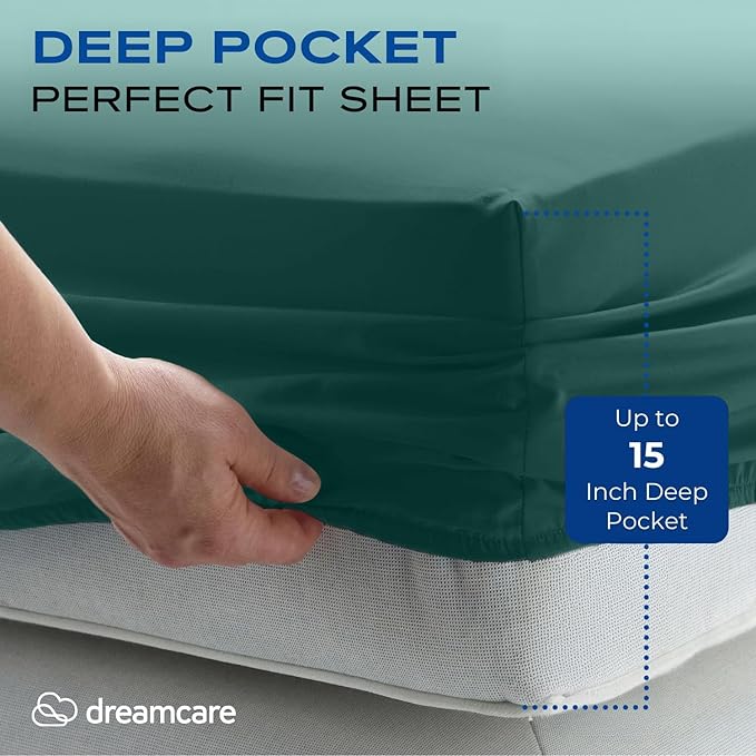DREAMCARE Twin XL Sheets Set - 4 Pcs Cooling Bed Sheets with Up to 15" Deep Pockets - Soft, Long-Lasting 100% Brushed Polyester with Side Pocket (Emerald Green)