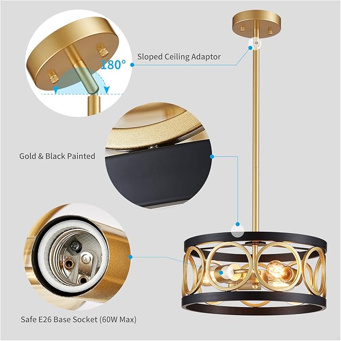 XINGQI 3-Light Modern Chandelier, 13" Pendant Light Height Adjustable Dining Room Light Fixtures for Bedroom Living Room Kitchen Metal Black and Gold