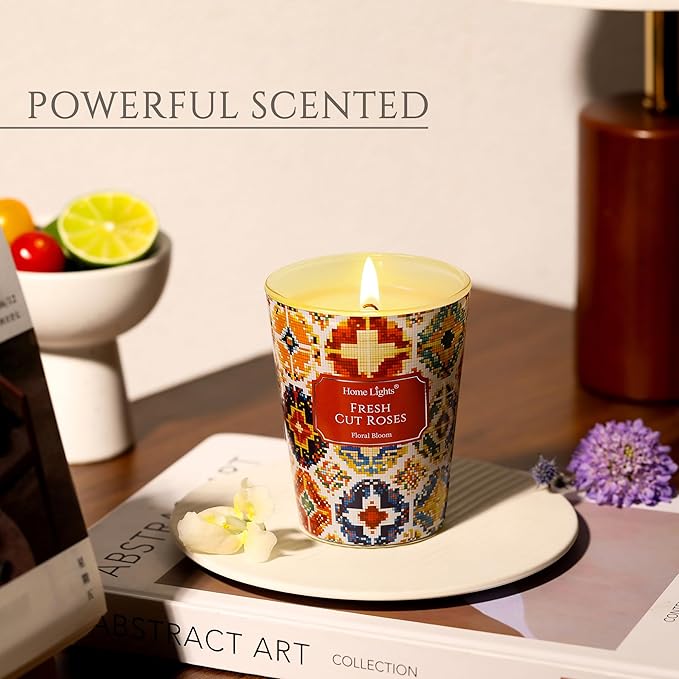 HomeLights Large jar Candle | 1-Wick Long-Lasting Scented Candles, 6.7oz Natural Soy Wax Candle for Home Scented, Bohemian Natural Textures Gifts for Women & Men, Fresh Cut Roses