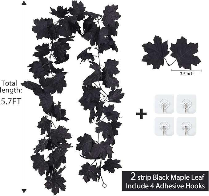 RECUTMS Fall Maple Leaf Garland Hanging Black Fall Leaves Vine Artificial Autumn Garland Halloween Thanksgiving Decor for Home (Black)