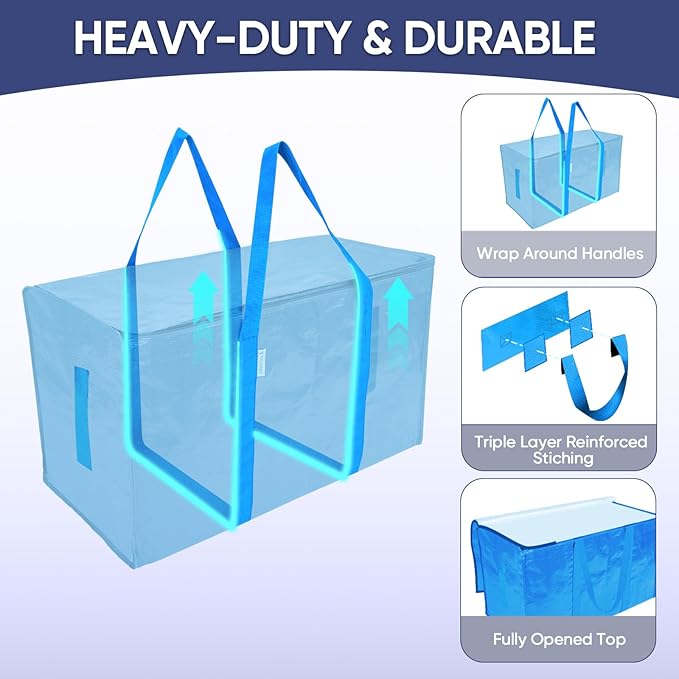 TICONN 8 Pack Extra Large Moving Bags with Zippers & Carrying Handles, Heavy-Duty Storage Tote Moving Boxes for Space Saving (8 Pack, Sky Blue)
