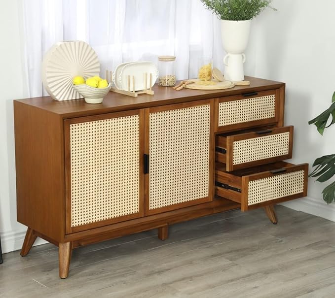 Bme Rattan Pre-Assembled Buffet Sideboard with 3 Drawers & 2 Doors, 58" Accent Console Table Living Room, Kitchen, Dining, Dark Chocolate, Jasper Storage Cabinet