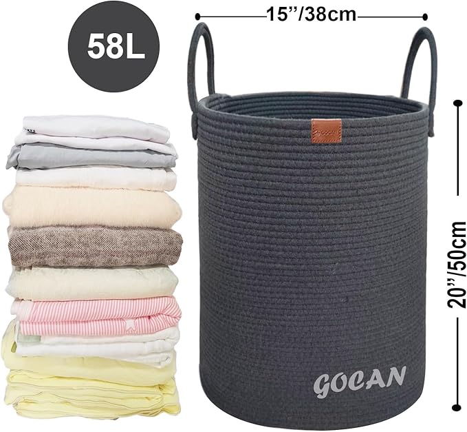 large tall sturdier Laundry Hamper Basket Woven Storage Baskets for clothes Pillows Blanket Toy in living or bed room decoration H50XD38cm darkgrey