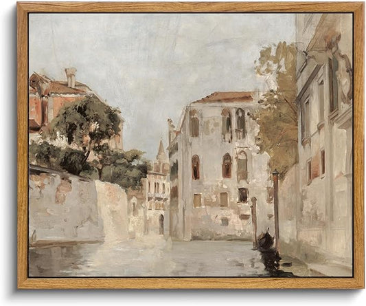 KBKBART Vintage Wall Art, Retro Neutral Italy Wall Art Framed Canvas Art Prints Venice Canva Painting Farmhouse Decor, Rustic Impressionism Scenic Landscape Wall Decor for Bathroom, Bedroom Living Room, Vintage Wall Decor(9"x11")