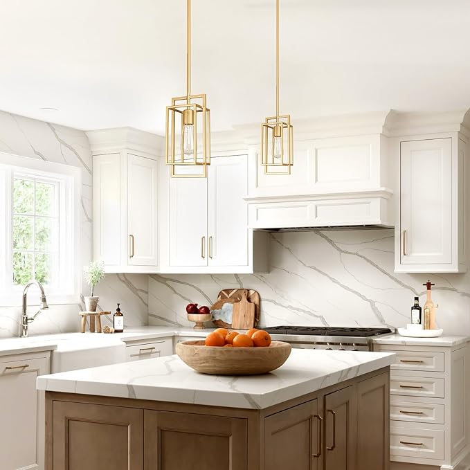 Muted Gold Pendant Lighting Fixture with Geometric Metal Cage, 1-Light Industrial Mini Lamp for Kitchen Island, Cafe Bar, Dining Room