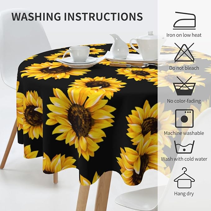 Kawani Sunflower Tablecloth Round 60 Inch Ruitic Yellow Floral Vinyl Table Cloth Waterproof Fabric Farmhouse Sun Flower Tablecloths Decorative for Holiday Home Party Wedding Picnic