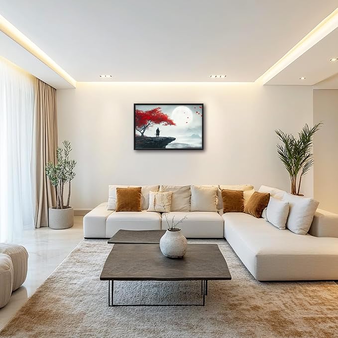 Framed Large Wall Art for Living Room, Japanese Samurai Canvas Wall Decor, Red Tree Pictures Painting, Modern Landscape Artwork for Bedroom Office 36L'' × 24W''