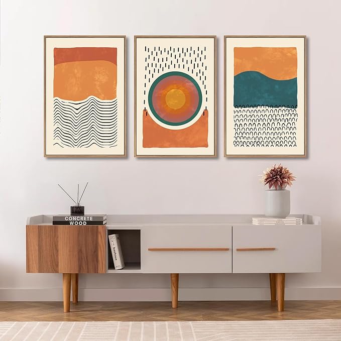 HPINUB Boho Abstract Framed Canvas Prints Wall Art Set, Mid-Century Color Block Shape Wall Decor, Minimalist Illustrations Art Photos for Living Room, Bedroom, Dining Room, Office, Bathroom-24 x36 x3