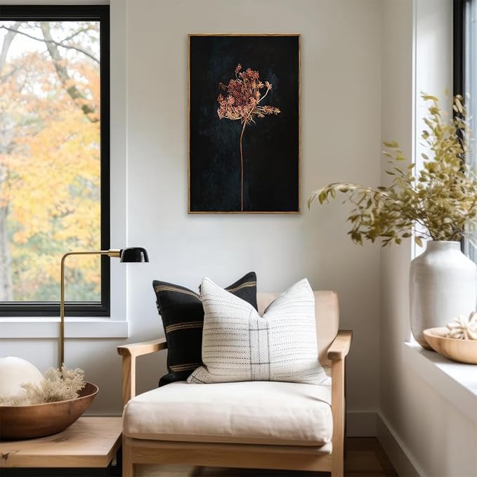 KBKBART Framed Vintage Wall Art Prints, Retro Moody Floral Botanical Canvas Painting Farmhouse Decor, Black Dark Classical Flower Framed Canvas Wall Art for Bathroom, Bedroom, Living Room, Gallery, Vintage Wall Decor(16"x24")