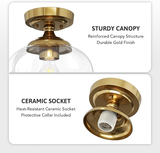 VONLUCE Industrial Semi Flush Mount Ceiling Light, 8.3" Ceiling Light Fixture with Clear Glass Shade, Farmhouse Lighting for Hallway Kitchen Bedroom Entryway, Brushed Gold Flush Mount Light Fixture