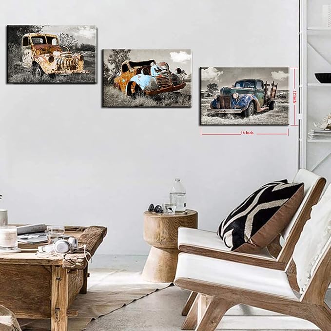 YUANAND Rusty Truck Canvas Wall Art - Vintage Blue Car Pictures Living Room Decor - Country Style Artwork Framed Posters Paintings
