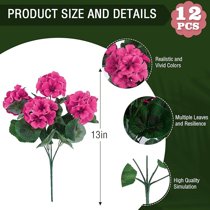 Hananona 12 Pcs Artificial Geranium Flowers for Outdoors Geranium Silk Flowers Outdoor UV Resistant Garden Plants Faux Flowers for Ptio Front Door Kitchen Table Centerpieces Home Decor (12, Rose Red)