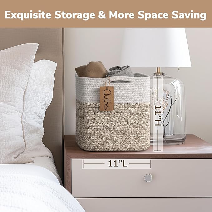 INDRESSME 11x11 Cube Storage Bins, 3-Pack Rope Woven Baskets for Organizing Storage Baskets for Shelves Gift Organization Empty Square Toy Bins for Classroom, Nursery Closet, White & Brown