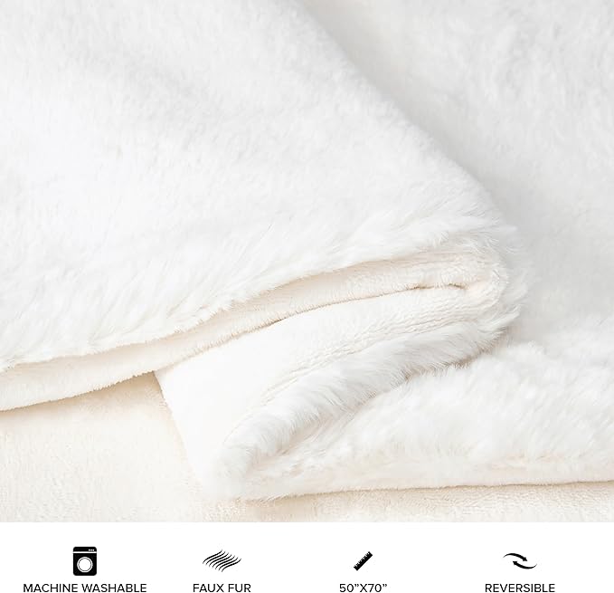 UGG Plush Faux Fur Throw Blanket Reversible Medium Weight Luxury Soft Throw Blankets for Bed or Chair, Hypoallergenic, Machine Washable, Home Decor, 50-inch x 70-inch, White Snow (Euphoria)