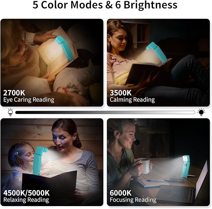 Dott Arts Book Light,Dual-Heads Reading Light for Bedtime with Screen Display.Rechargeable Ultralight Clip on LED Bookmark Lamp with 5 Color,6 Brightness Levels,1000mAh,Timer Function.Cyan
