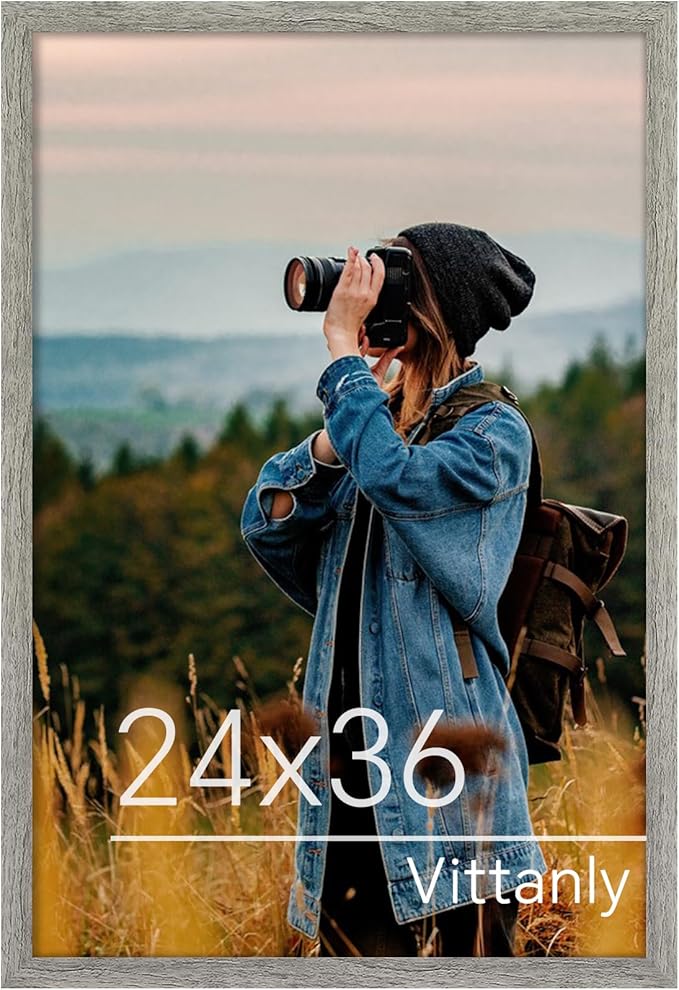Vittanly 24x36 Poster Frame for Wall, Plexiglass, Displays Picture 20x30 with Mat or 24x36 without Mat, PVC Frame Material, Horizontal or Vertical Hanging, 1 Pack, Grey