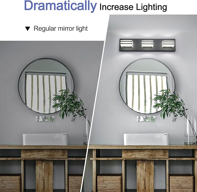 Black Vanity Lights 3 Light Bar Light for Bathroom 20 Inch Mirror Light Fixtures Black Bath Lamps above Mirror 18W Vanity Sconces Modern Bathroom Sink Lights Acrylic Wall Lighting for Restroom