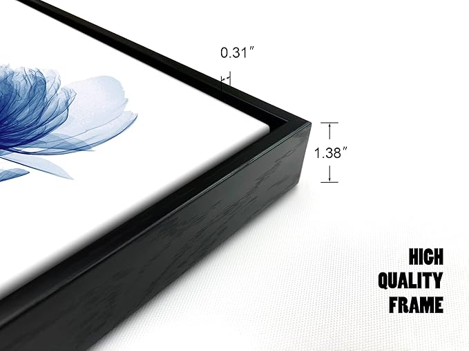 Pyradecor Black Framed Canvas Wall Art Blue Flickering Flower Modern Grace Floral Paintings Pictures on Canvas Prints for Bedroom Office Home Decorations