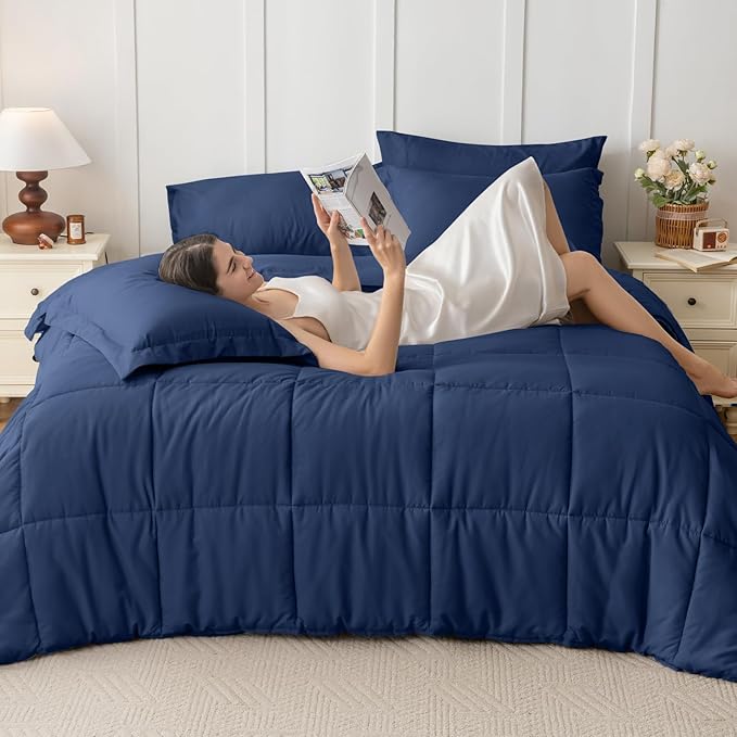 JOLLYVOGUE Queen Comforter Set, Ultra-Soft Bed in a Bag Queen Size 7 Pieces, Oeko-TEX Certified Bedding Set with Down Alternative Comforter, Sheets, Pillowcases & Shams, Navy