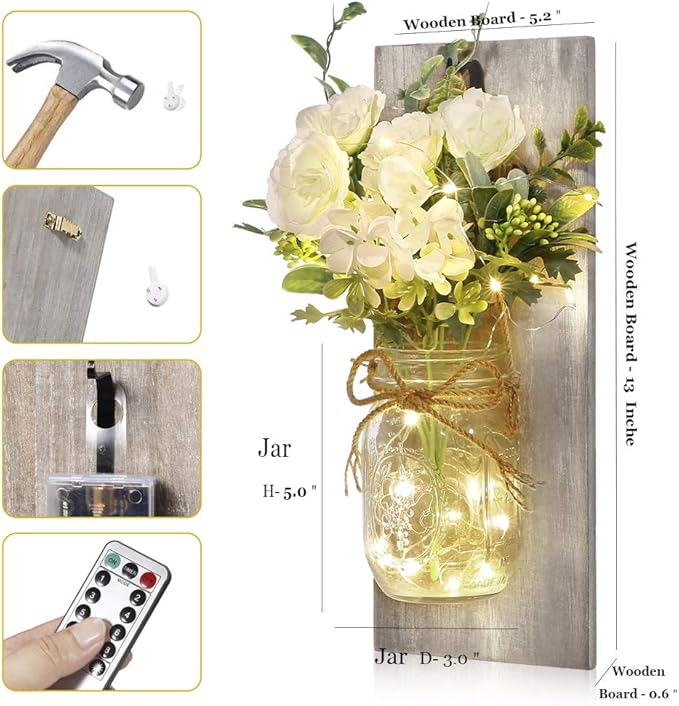 Wall Decor Mason Jar Sconces - Home Decor Wall Art Hanging Design with Remote Control LED Fairy Lights and White Rose, Farmhouse Wall Decorations for Bedroom Living Room Lights Set of Two