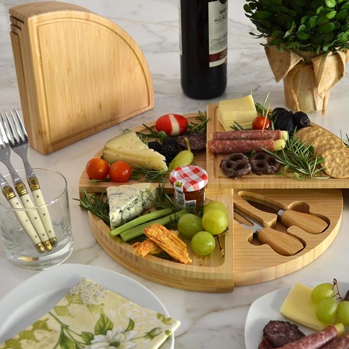 Picnic at Ascot Bamboo Board for Appetizers with Cheese Tools - Stores as a Space Saving Wedge - Opens to 13" Diameter – Designed by Picnic at Ascot - USA Patented & Quality Assured