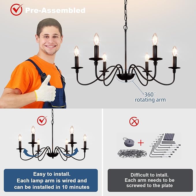 Depuley Farmhouse Chandelier for Dining Room: 6-Light Black Industrial Kitchen Island Pendant Light Fixture with 6 E12 Bulbs - Rustic Candle Chandeliers Vintage Modern Hanging Ceiling Lamp for Bedroom