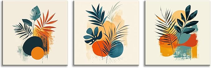 NAN Wind 3Pcs Modern Abstract Botanical Canvas Wall Art Colorful Leaf Prints Contemporary Floral Art for Living Room Minimalist Plant Decor Geometric Canvas Set Ready to Hang for Home Decor