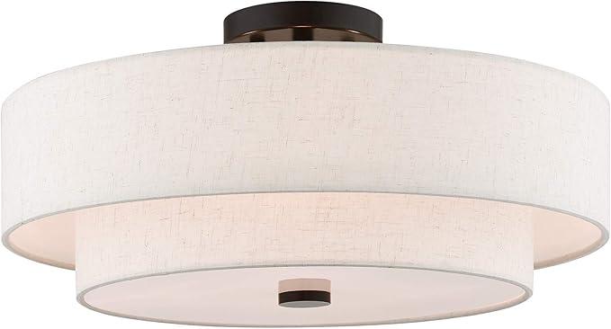 Livex Lighting 51085-92 4-Light Semi Flush Mount Ceiling Fixture with Oatmeal Color Fabric Hardback Drum Shade and Satin White Diffuser, English Bronze