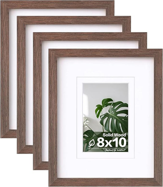 Egofine 8x10 Picture Frames Set of 4, Made of Solid Wood Covered by Plexiglass 4x6 and 5x7 with Mat or 8x10 without Mat, for Table Top Display and Wall Mounting Photo Frame Brown