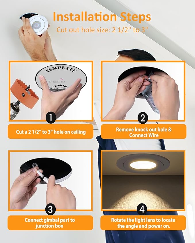 3 inch Recessed LED Lights 7W Gimbal Rotatable Directional Downlight,360°Adjustable Soffit Lighting Dimmable Swivel Eyeball, 90°Tilt Canless Swivel Spotlight 5CCT Selectable 6 Pack White