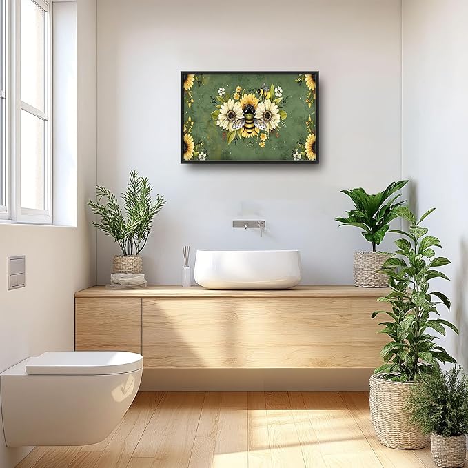 Flintis Large Bee Wall Art Bee Sunflower Pictures Wall Decor Abstract Animal Canvas Painting Print Artwork Decoration Framed for Living Room Bathroom Master Bedroom Office Dining Room 36L x 24W