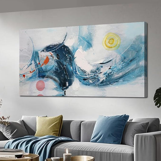 Ardemy Abstract Wall Art Canvas Modern Textured Teal White for Living Room Painting, Wall Art for Living Room Picture Bedroom Large Artwork Framed Home Office Kitchen Bathroom Wall Decor, 40"x20"