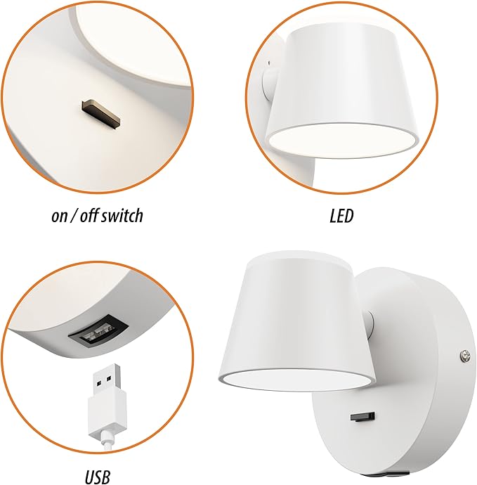 URSOLA Wall Light LED Wall Sconce with On/Off Switch USB Charging Port 110 Volt Hardwired Wall Lamp 350 Rotatable Up Down Sconces Wall Lighting (White)