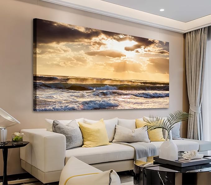 Sunset Ocean Canvas Wall Art - Ocean Waves Wall Decor Glow Sea Scene Picture Painting Nature Landscape Prints Sunset Over the Ocean Painting Artwork Living Room Bedroom Office Home 29" x 58"