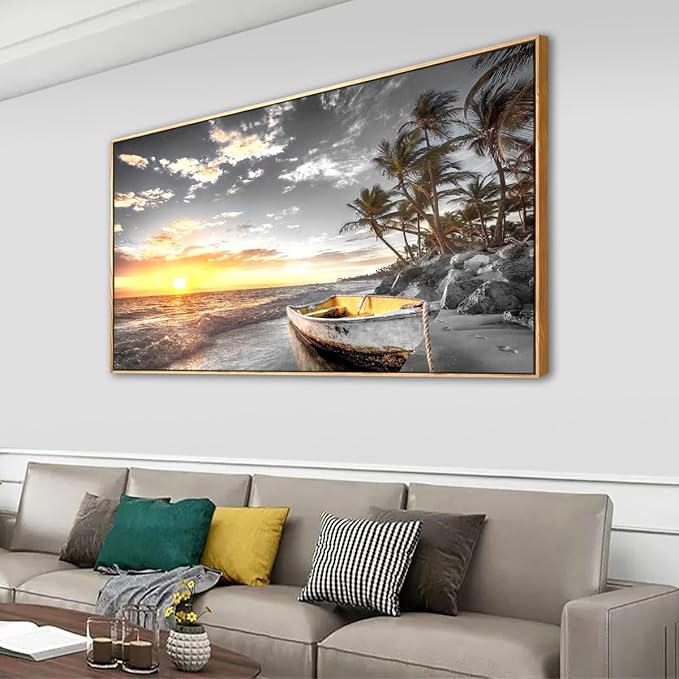Beach Wall Art Sunset Seascape Pictures Bedroom Decor Boat Tree Ocean Landscape Canvas Wall Art for Living Room Office Natural Scenery Artwork 20 * 40inch