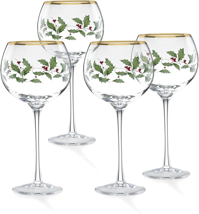 Lenox Drinkware, Holiday 4-Piece Wine Balloon Glass Set, Set Of 4, 16 Oz Capacity, Made From Glass, Festive Red Christmas Design, Hand Wash Only, Christmas Decorations, Winter Decor (4 Piece)