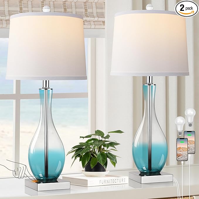Table Lamps Set of 2 with Touch Control, 27" Bedside Desk Lamps for Nightstand Decorations, 3-Way Dimmable Modern Glass Table lamp with USB C and A Charging Ports, Blue (LED Bulbs Included)