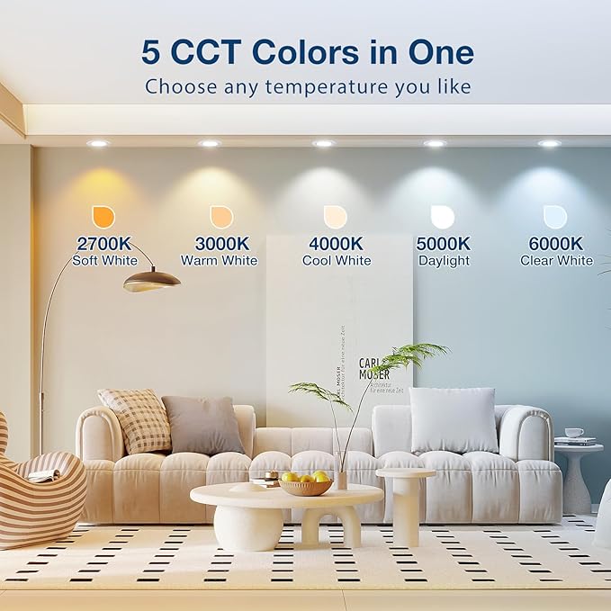 Amico 24 Pack 4 inch 5CCT LED Recessed Lighting, Dimmable, 8.5W=60W, 650LM, 2700K/3000K/4000K/5000K/6000K Selectable, Retrofit Can Lights with Baffle Trim, IC Rated - ETL & FCC, White